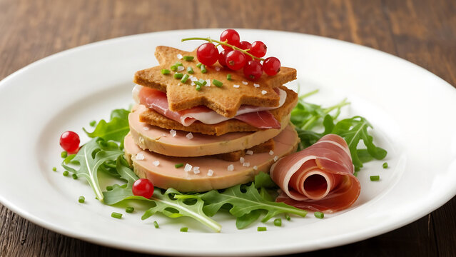 &Eacute;l&eacute;gant millefeuille de foie gras &eacute;l&eacute;gant, pain d'&eacute;pice et jambon sec, entr&eacute;e de no&euml;l
