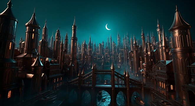 A majestic cityscape glows under the light of a crescent moon