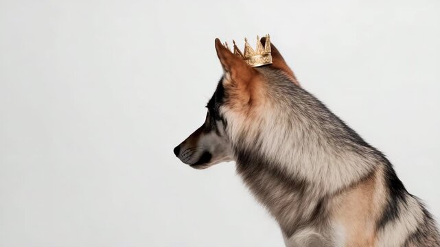 Majestic wolf wearing a crown looking around and displaying regality