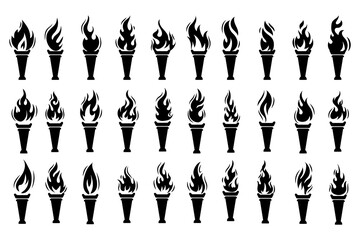 Set of various simple torch with flame illustration