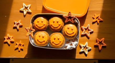 Sweet Smiley Face Cupcakes And Star Shaped Decorations On Wooden Table In Bright Sunlight