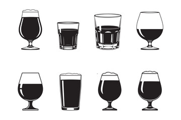 Elegant set of wine glasses, champagne flutes, and martini cups with alcohol and cocktail drinks, ideal for a bar, party, or restaurant icon collection