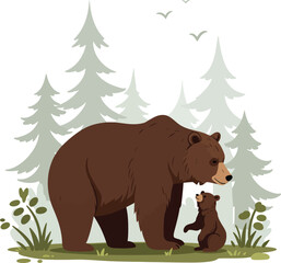 Adorable bear mother and cub embrace in a serene forest scene flat design vector illustration white background