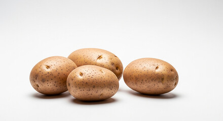 A close up shot of four russet potatoes arranged on a plain white surface in a studio setting today