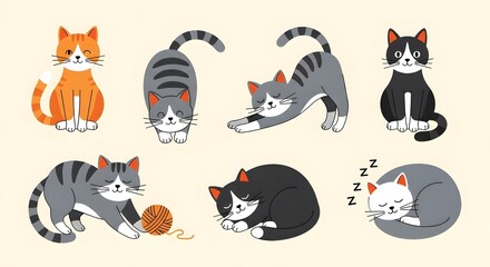 Fototapeta premium Collection of cartoon cats in various poses: sitting, stretching, playing with yarn, sleeping, and looking at the viewer.