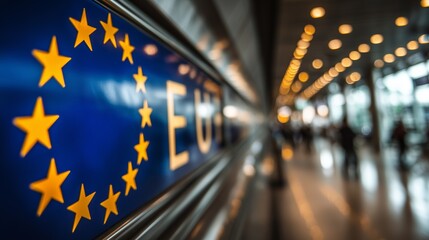 European Union flag displayed prominently in a modern airport terminal with blurred travelers