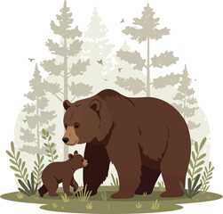 Adorable mother bear and cub in a lush forest scene gentle wildlife art flat design vector illustration white background