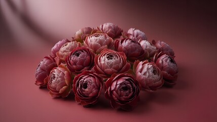 Pink peonies arrangement as a romantic floral display on a deep burgundy background, luxury flowers for wedding or event