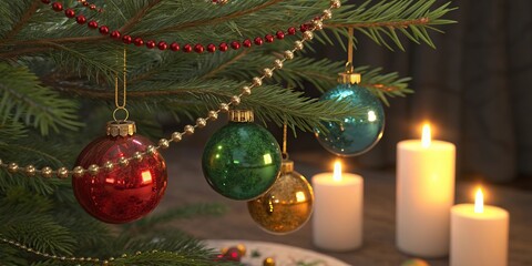 Colorful Christmas baubles hanging on outdoor pine tree branch with holiday lights and glowing candles in background. Festive seasonal decoration. Selective focus.