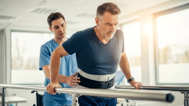 Rehabilitation session in a modern clinic with a therapist assisting an elderly man using parallel bars for support