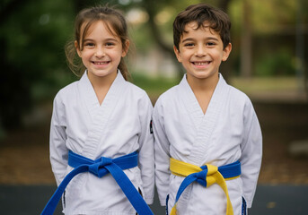 Smiling young martial artists in white gis ready for action, a confident brother and sister team training together outdoors with focus and determination