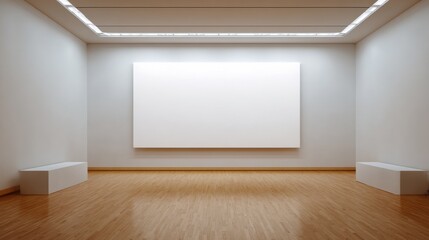 Spacious modern art gallery with blank canvas and ambient lighting creates empty exhibit space