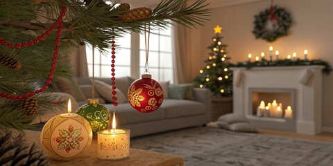 Warm living room interior decorated for Christmas with glowing candles, festive baubles, wreaths, and illuminated tree creating cozy holiday atmosphere. Horizontal stock photo.