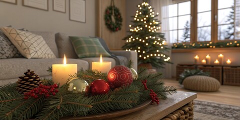 Warm living room interior decorated for Christmas with glowing candles, festive baubles, wreaths, and illuminated tree creating cozy holiday atmosphere. Horizontal stock photo.