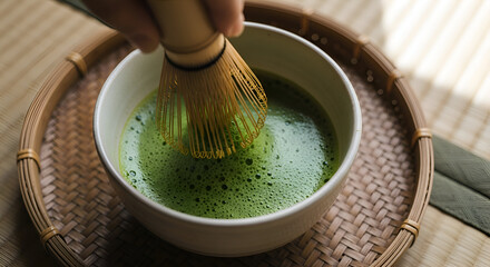 Traditional Japanese Matcha Tea Ceremony In White Bowl With Bamboo Utensil