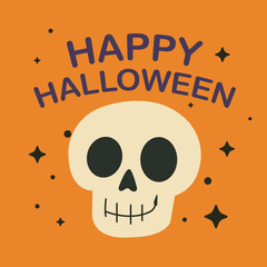Happy Halloween Skull Illustration — Cute Spooky Design on Orange Background