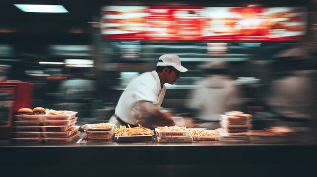 Busy kitchen in a fast food restaurant during lunch rush with staff preparing orders quickly