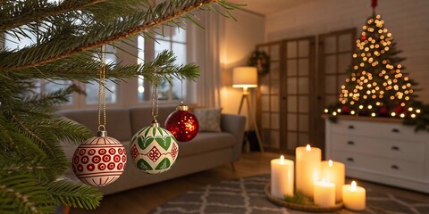 Warm living room interior decorated for Christmas with glowing candles, festive baubles, wreaths, and illuminated tree creating cozy holiday atmosphere. Horizontal stock photo.