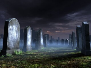 Cemetery full of tombstones under dark spooky sky