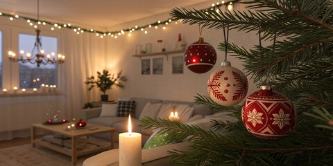 Warm living room interior decorated for Christmas with glowing candles, festive baubles, wreaths, and illuminated tree creating cozy holiday atmosphere. Horizontal stock photo.