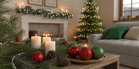 Warm living room interior decorated for Christmas with glowing candles, festive baubles, wreaths, and illuminated tree creating cozy holiday atmosphere. Horizontal stock photo.