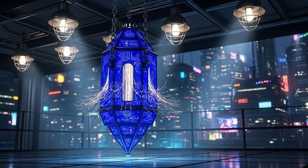 Futuristic blue lantern hangs in a room overlooking a cityscape