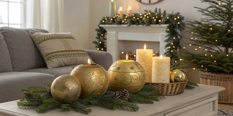 Elegant golden candles and Christmas baubles on table with pine branches in warm living room interior decorated with lights and festive tree. Horizontal stock photo.