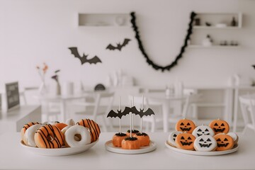 Minimalist modern coffee shop with showcase of colorful Halloween desserts. Clean aesthetic, white and pastel orange color scheme