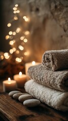 Cozy spa atmosphere with soft towels, lit candles, and smooth stones, creating a relaxing environment perfect for unwinding and self-care moments in a peaceful setting.