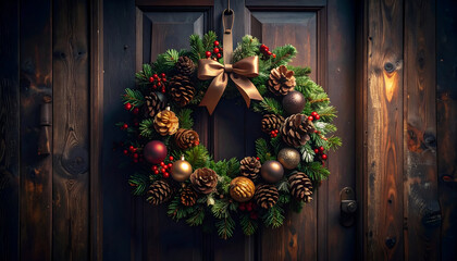 A festive wreath hangs on a wooden door celebrating the holiday season.