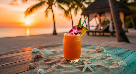 Tropical Cocktail On A Sandy Table With A Sunset Beach View During Calm Moment