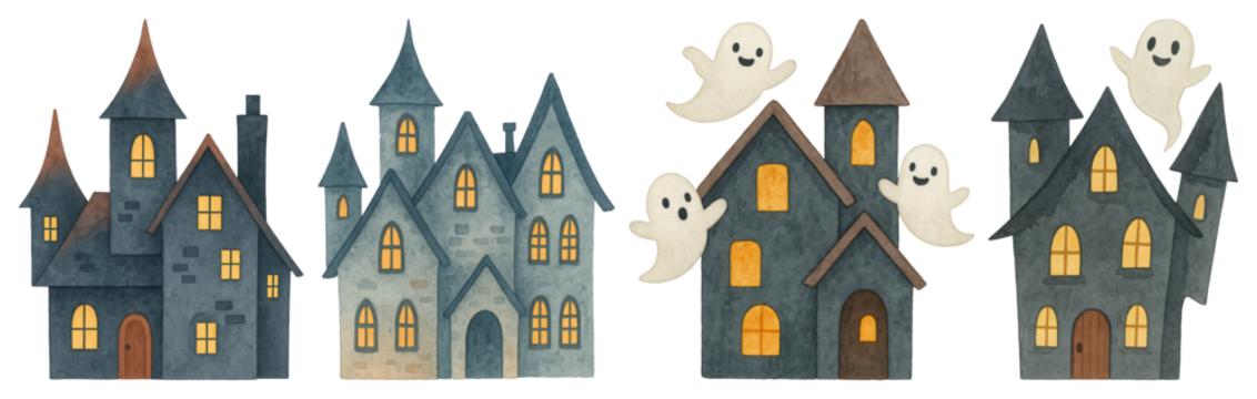 PNG Charming haunted house illustration, element set on transparent background