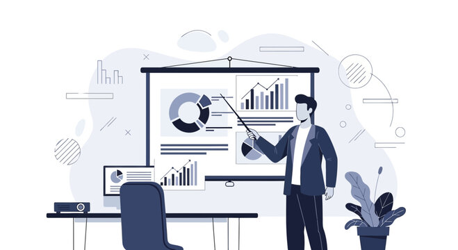 Business presentation illustration with businessman and infographic projector screen
