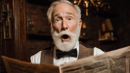 Elderly man with white beard is surprised while reading a newspaper in a vintage library setting