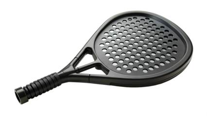 "A 360-degree turnaround 3D view of a black padel racket, isolated on a white background, high resolution, realistic rendering, smooth rotation frames."