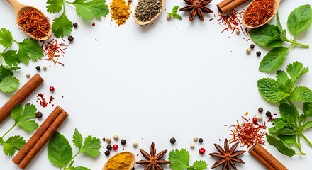 Culinary herbs and spices arranged on white surface with copy space