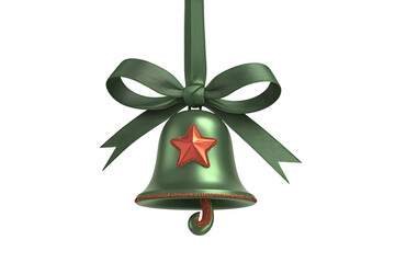 Festive Green Christmas Bell Ornament with a Red Star and Bow, Hanging from a Green Ribbon, Isolated on White Background