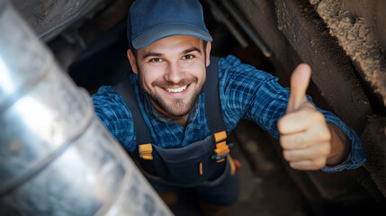Man in overalls and cap giving thumbs up while working on pipes in a confined space with a smile