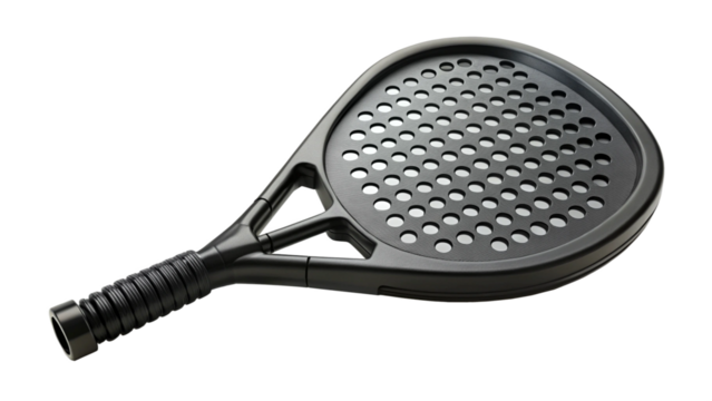 "A 360-degree turnaround 3D view of a black padel racket, isolated on a white background, high resolution, realistic rendering, smooth rotation frames."