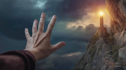 A single hand reaches out toward a faint source of light in surrounding darkness, symbolizing hope, longing, and the search for guidance amid uncertainty, shadows framing the glow.