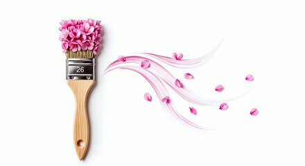 Wooden Paintbrush with Pink Flowers and Petals Flowing from Bristles on White Background for Artistic Nature Concept
