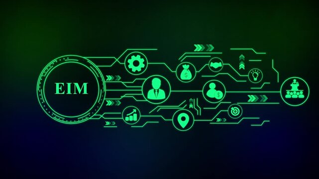 EIM Business Concept with Icons and Circuit Board Design. 4k video  Business, technology, internet and networking concept.