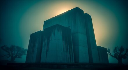 A monolithic building shrouded in mist and mystery at night