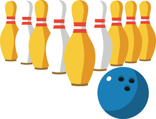 Bowling ball and pins ready for a strike fun sports game recreation activity flat design vector illustration white background