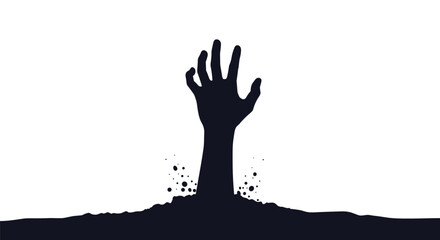 Obraz premium A lone silhouetted hand emerges from a dark mound of dirt reaching upwards for help in a minimalist design.