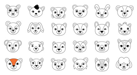 Collection of twenty-five cute animal face outlines for young children's educational activities.
