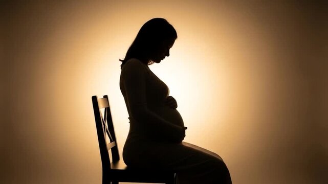 Pregnant woman sitting in silhouette on a chair, reflecting on motherhood against a soft glowing background
