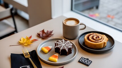 Cozy autumn cafe scene with Halloween desserts, cup of latte on the table with fall leaves