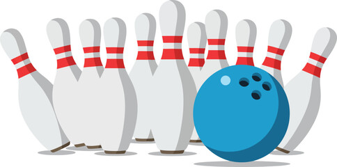 Dynamic bowling pins and ball in motion graphic perfect for sports and game promotions flat design vector illustration white background
