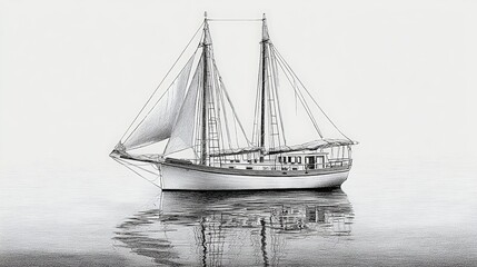 A monochrome image capturing a classic sailboat gracefully gliding on calm water, with its reflection mirroring its elegant form. The image has a soft focus. Sketch, Pencil Drawing
